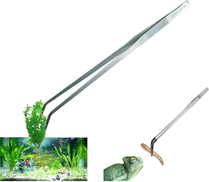 Fecsam 2 Pack Extra Long Tweezers, Feeding Tongs, 18.9 inch & 10.5 inch Curved Aquarium Stainless Steel Large Aquascape Tools for Fish Tank, Terrarium，Aquascaping, Reptile, Bearded Dragon - Image 1